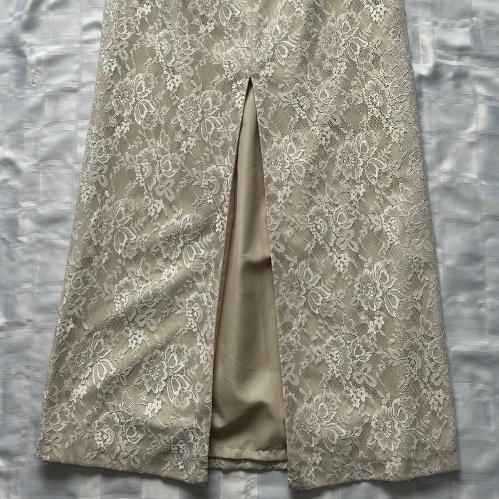 Alfred Angelo Strapless Empire Waist Champagne Underlay White Lace Overlay Dress - Picture 10 of 17